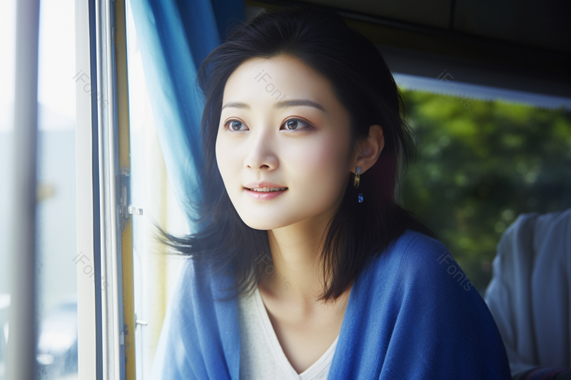 穿着蓝色针织衫的女士在房车里往外看摄影图,高清,摄影图,摄影图片,图片大全,摄影图免费下载